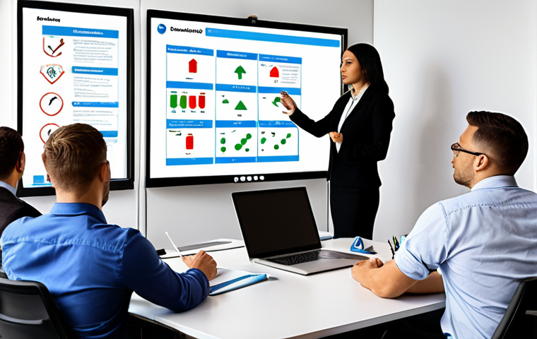 ** A visual representation of data classification and employee awareness training in a modern office setting. Show employees attending a workshop on data security, learning about phishing attacks and strong passwords, alongside a graphic illustrating data categorization (confidential, sensitive, general) on a whiteboard. The scene should emphasize the importance of data protection in a collaborative environment.

**