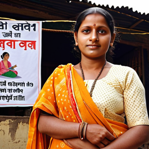 Home 8 **Empowered Bengali Woman Entrepreneur:** A determined Bengali woman, radiating confidence and wearing traditional attire, stands proudly in front of her thriving small business. The scene is bathed in warm sunlight, symbolizing hope and prosperity. Government support banners are subtly visible in the background.