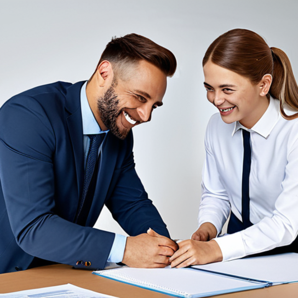 ** A friendly workplace with colleagues smiling and helping each other.
**