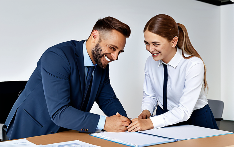 ** A friendly workplace with colleagues smiling and helping each other.

**