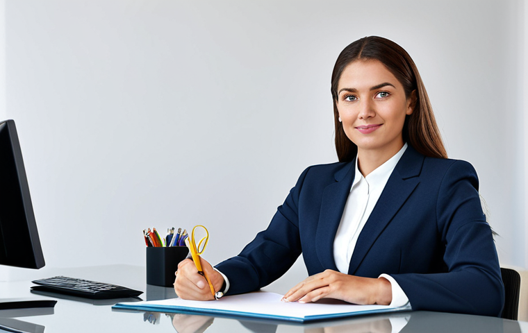 정보 시스템 - **

A professional businesswoman in a modest business suit, sitting at a desk in a modern office, fu...