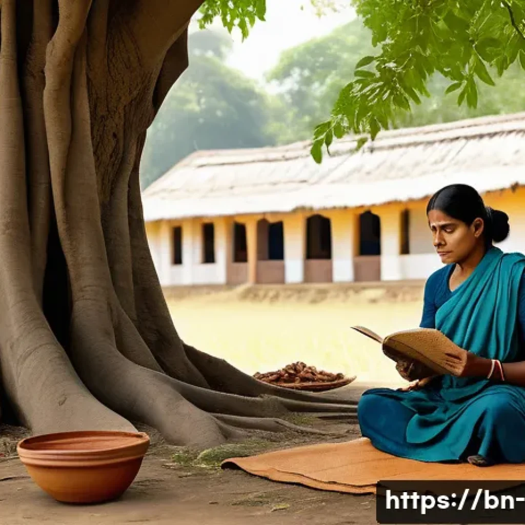 윤리적 투자 - A serene scene depicting a responsible investor in a traditional Bengali rural setting, thoughtfully...