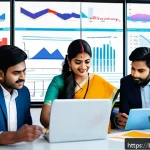 경영학과 경제학의 융합 - A detailed, vibrant office scene featuring a diverse Bengali business team analyzing digital market ...