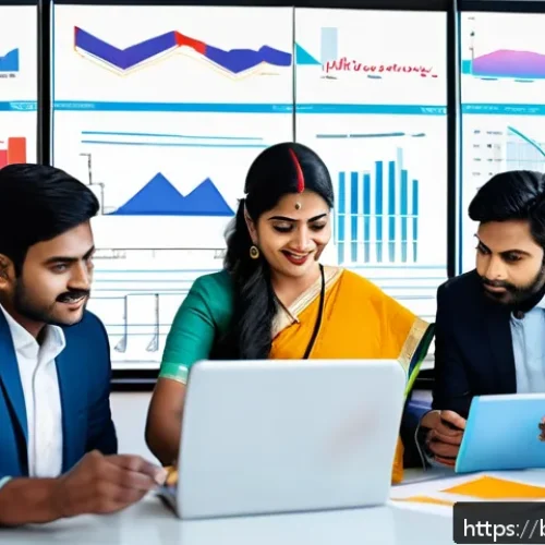 경영학과 경제학의 융합 - A detailed, vibrant office scene featuring a diverse Bengali business team analyzing digital market ...