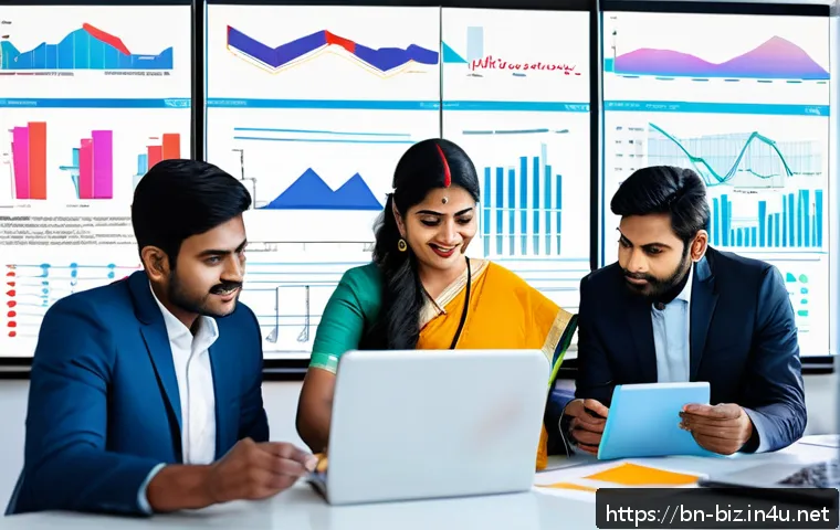 경영학과 경제학의 융합 - A detailed, vibrant office scene featuring a diverse Bengali business team analyzing digital market ...