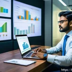 전략적 경영 계획 - A detailed scene showing a Bengali entrepreneur analyzing market trends in a modern office setting, ...