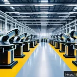 제조업 혁신 - A highly detailed industrial factory interior showcasing advanced robotic arms performing precise an...