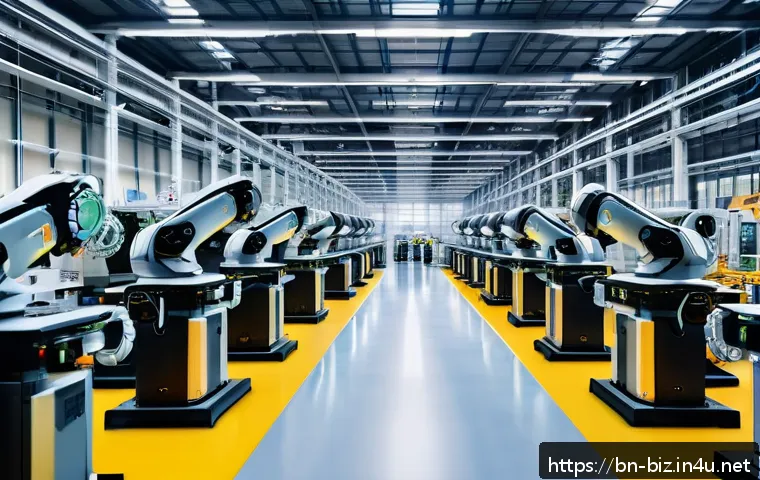 제조업 혁신 - A highly detailed industrial factory interior showcasing advanced robotic arms performing precise an...