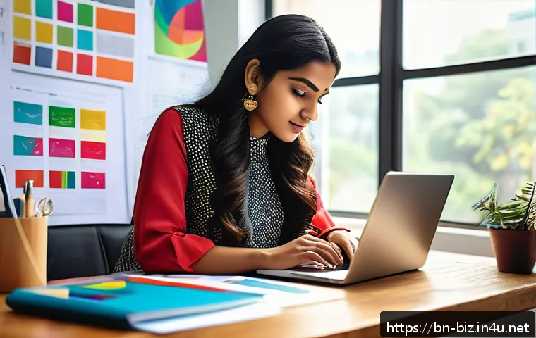 브랜드 전략 - A vibrant social media marketing workspace scene featuring a young Bengali professional woman analyz...